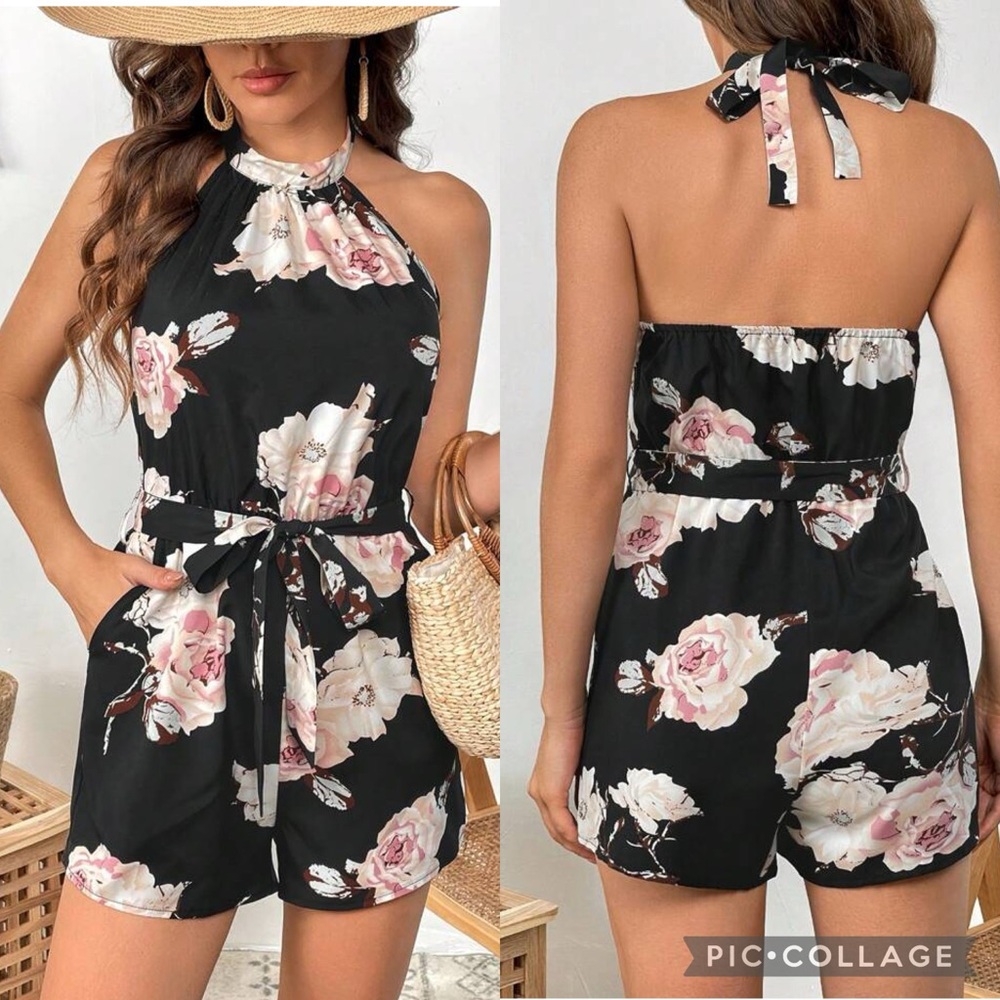 NWT Emery Rose Vacay Black Floral Print Halter Neck Backless Romper With Belt